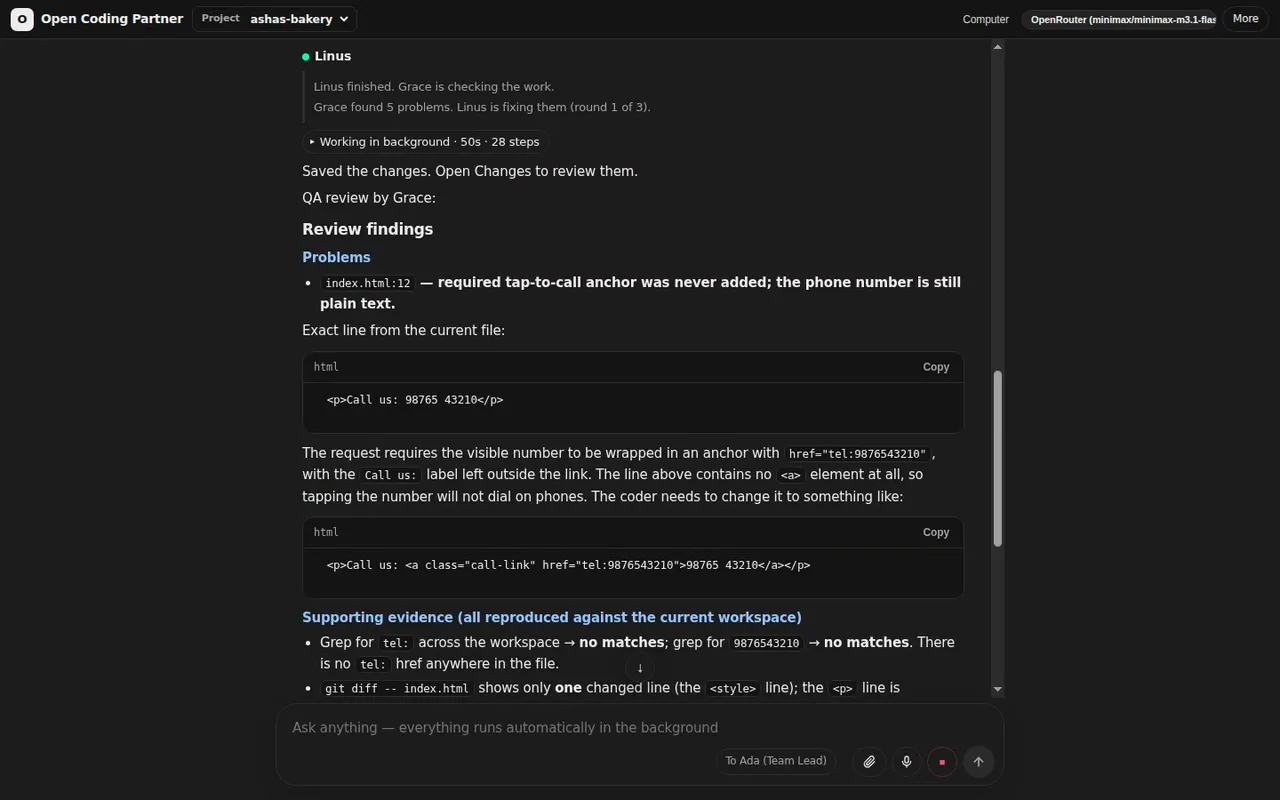 Studio showing the reviewer bot's findings: the tap-to-call link was never added