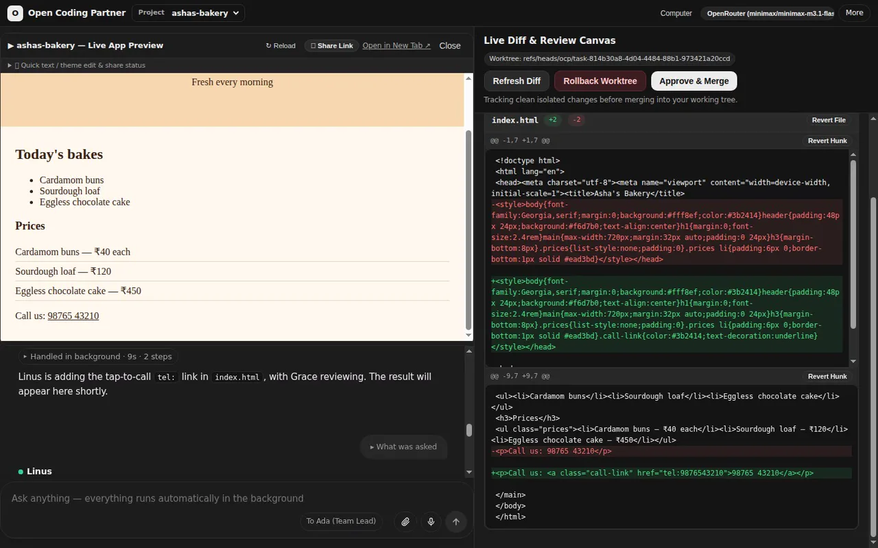 Studio showing the updated bakery page with a tap-to-call link beside the exact lines that changed